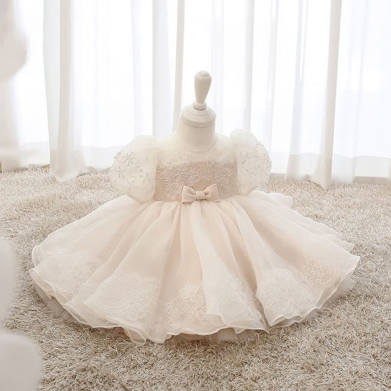 Organza Lace Beaded Short Sleeve Mid-long Dresses - Beige - 14-15Y - image 2