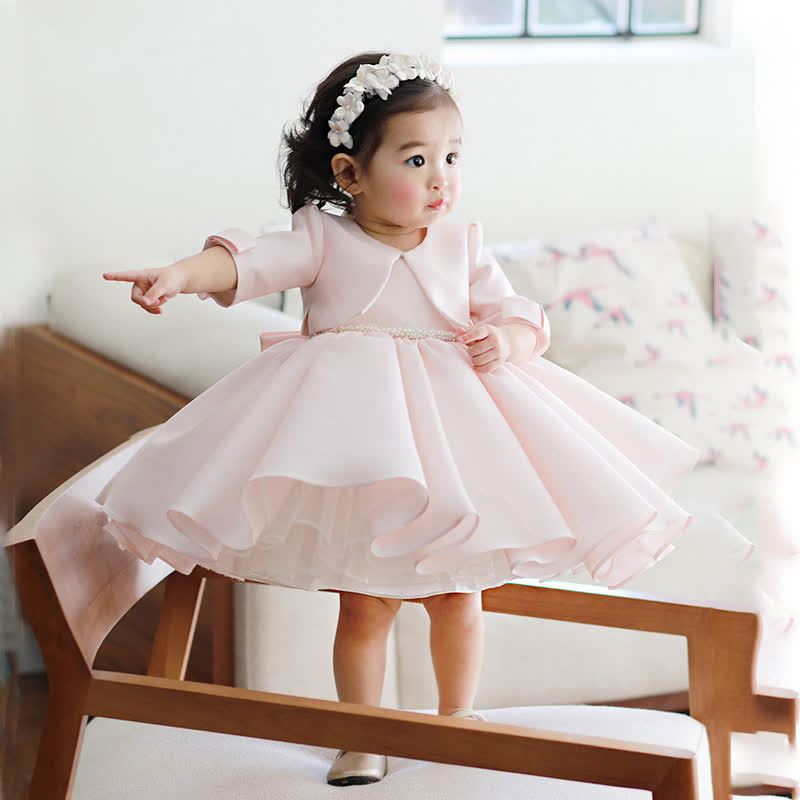 Chemical Fiber Blend Imitation Pearls Bow Half Sleeve Mid-long Dresses - Long Pink - 14-15Y - image 1