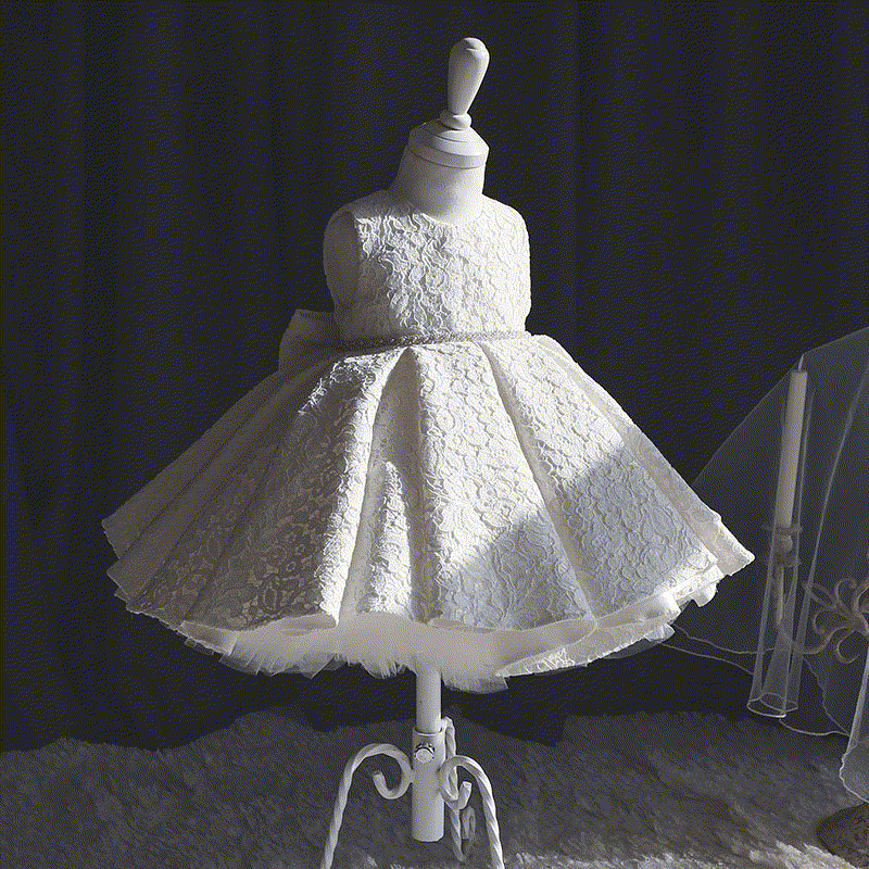 Chemical Fiber Blend Lace Bow Sleeveless Mid-long Dresses - White - 12-13Y - image 1