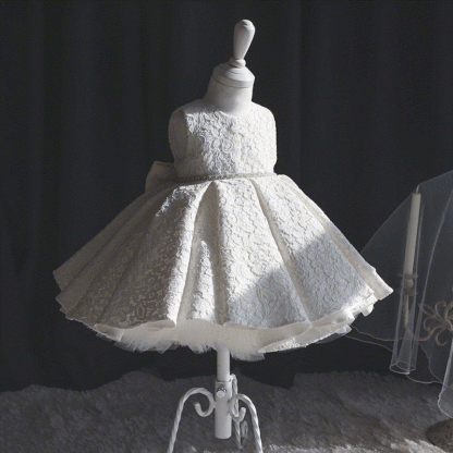 Chemical Fiber Blend Lace Bow Sleeveless Mid-long Dresses - White - 12-13Y - image 1