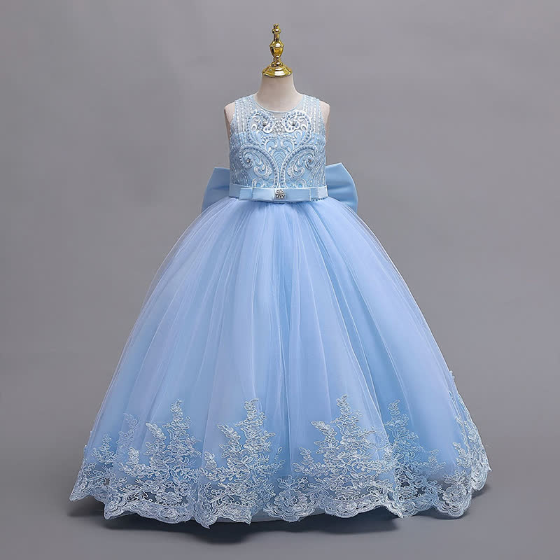 Mesh Lace Bow Sleeveless Maxi Dresses - Blue - 12-13Y - image 12