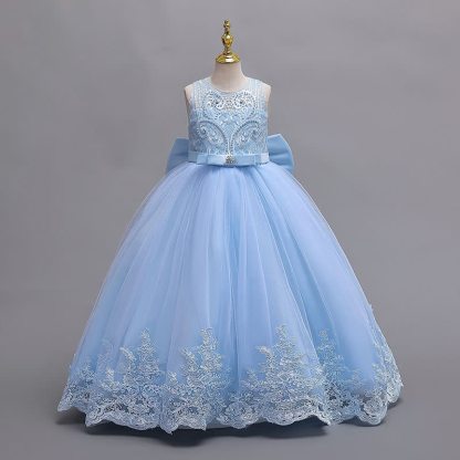 Mesh Lace Bow Sleeveless Maxi Dresses - Blue - 12-13Y - image 12