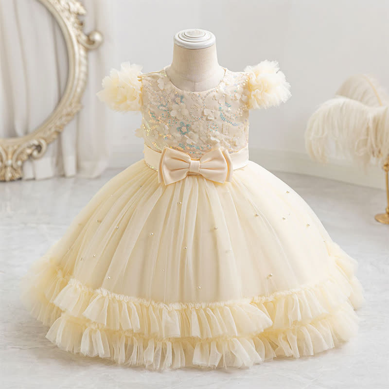 Mesh Rosette Folds Sequins Short Sleeve Mid-long Dresses - Champagne - 4-5Y - image 1