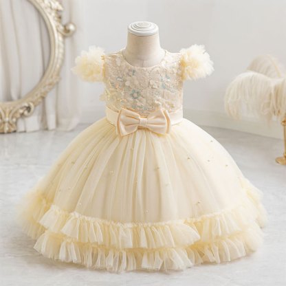 Mesh Rosette Folds Sequins Short Sleeve Mid-long Dresses - Champagne - 4-5Y - image 1