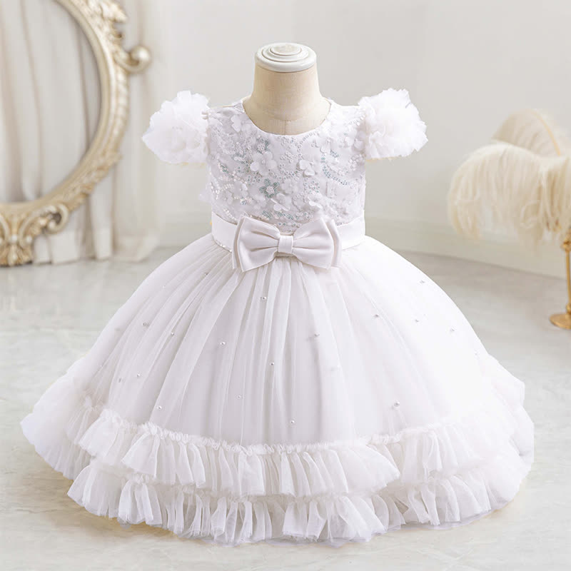 Mesh Rosette Folds Sequins Short Sleeve Mid-long Dresses - White - 4-5Y - image 7