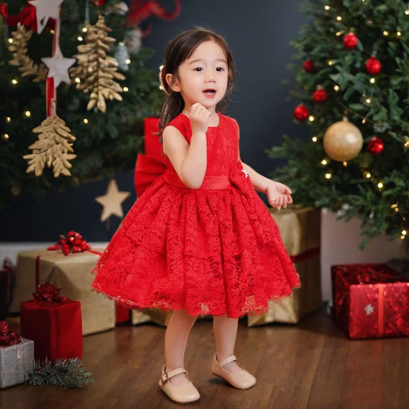 Lace Bow Sleeveless Midi Dresses - Red - 6-7Y - image 4