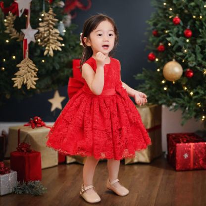 Lace Bow Sleeveless Midi Dresses - Red - 6-7Y - image 4