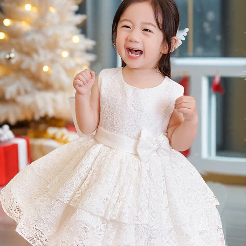 Lace Bow Sleeveless Midi Dresses - White - 6-7Y - image 1