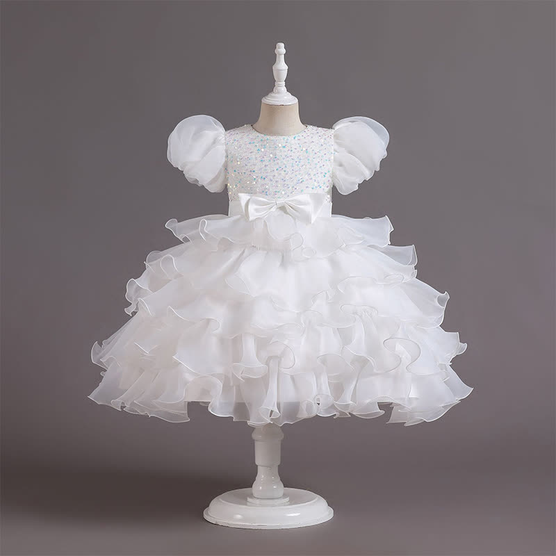 Organza Folds Sequins Bow Short Sleeve Mid-long Dresses - White - 10-11Y - image 1