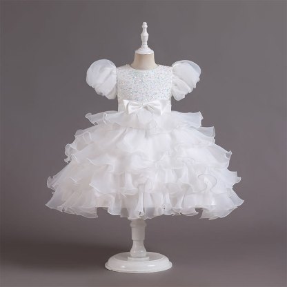Organza Folds Sequins Bow Short Sleeve Mid-long Dresses - White - 10-11Y - image 1