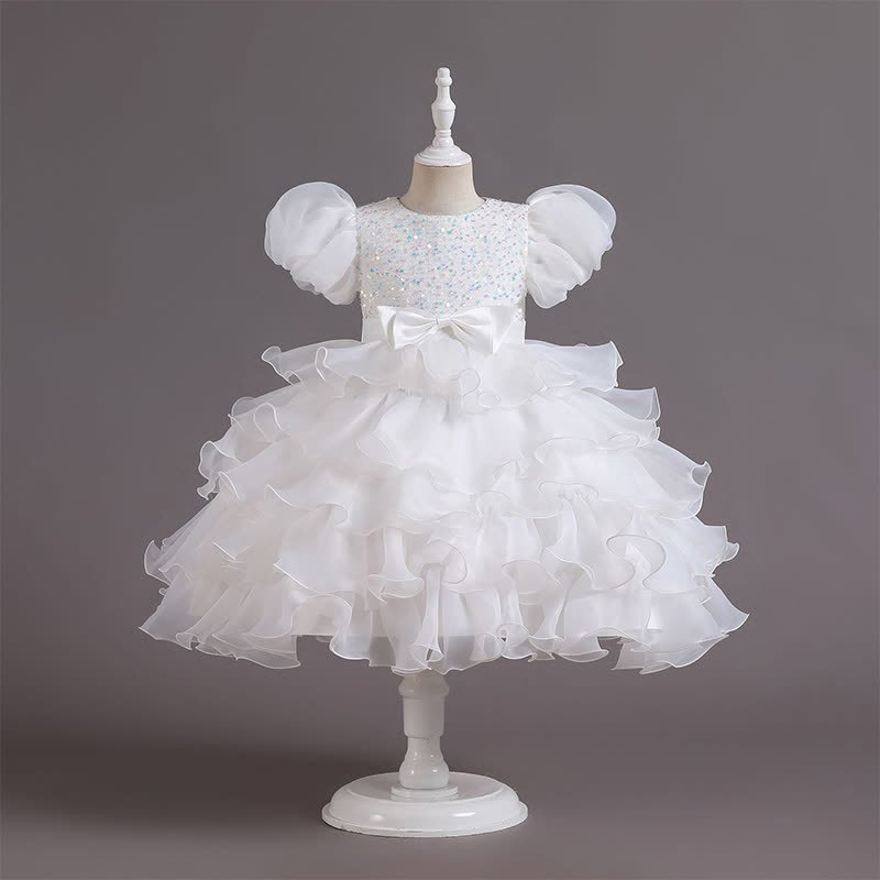 Organza Folds Sequins Bow Short Sleeve Mid-long Dresses - White - 10-11Y - image 1