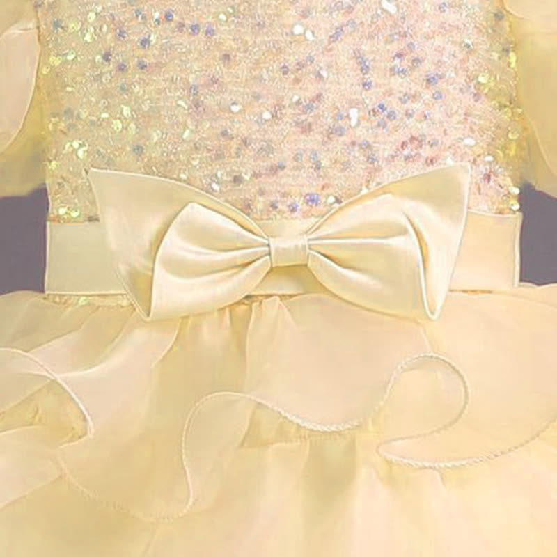 Organza Folds Sequins Bow Short Sleeve Mid-long Dresses - image 10