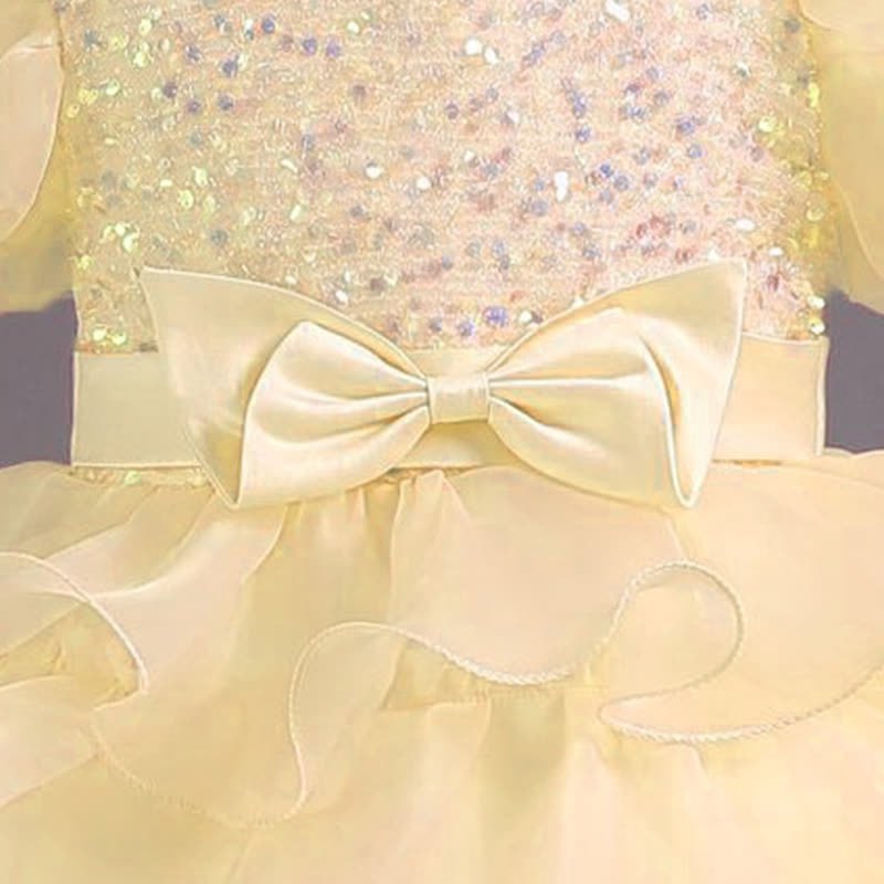 Organza Folds Sequins Bow Short Sleeve Mid-long Dresses - image 10