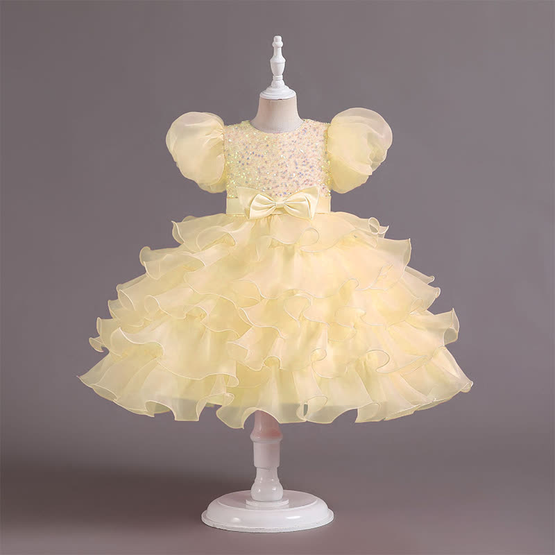 Organza Folds Sequins Bow Short Sleeve Mid-long Dresses - Champagne - 10-11Y - image 8