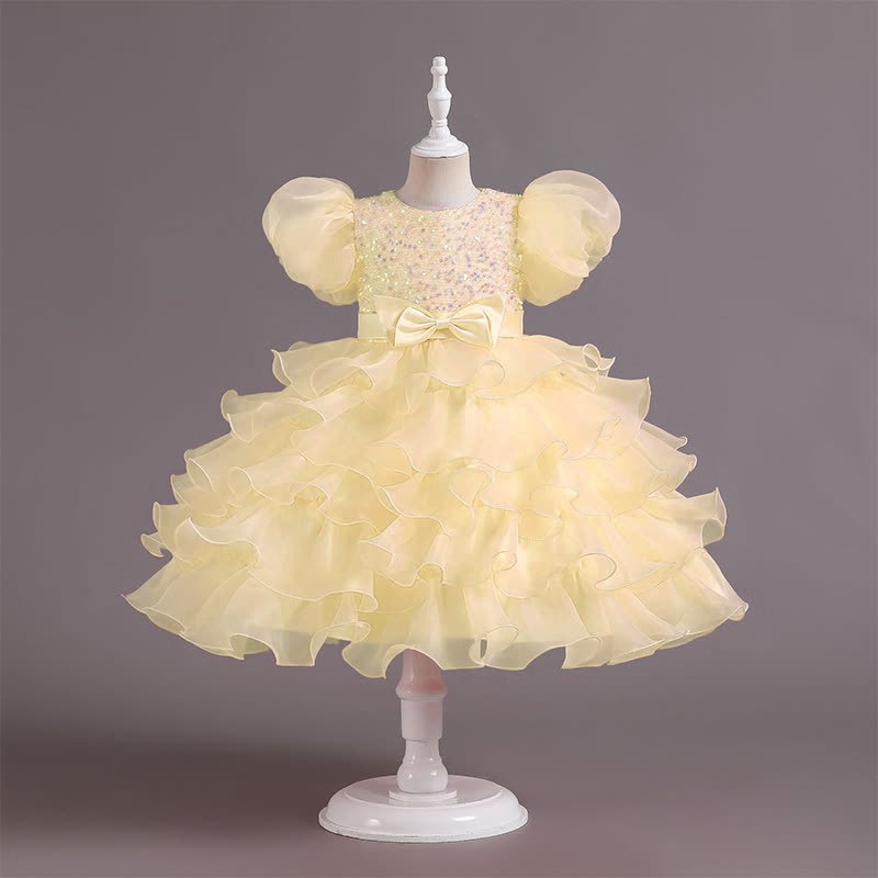 Organza Folds Sequins Bow Short Sleeve Mid-long Dresses - Champagne - 10-11Y - image 8