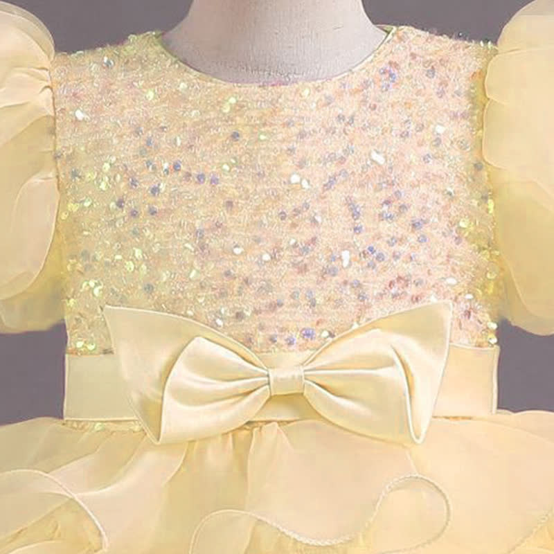 Organza Folds Sequins Bow Short Sleeve Mid-long Dresses - image 9