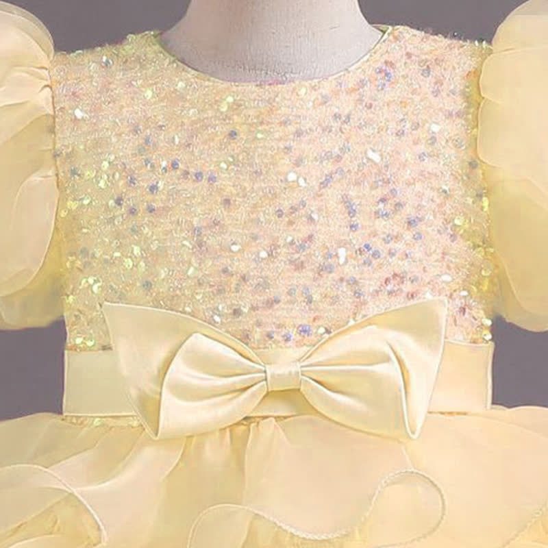 Organza Folds Sequins Bow Short Sleeve Mid-long Dresses - image 9