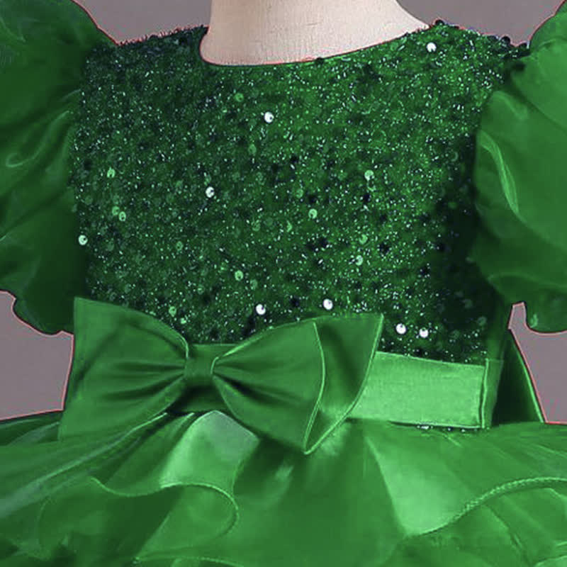 Organza Folds Sequins Bow Short Sleeve Mid-long Dresses - image 14