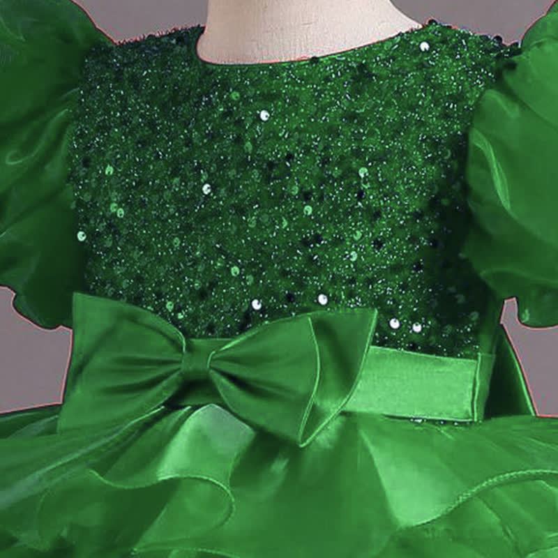 Organza Folds Sequins Bow Short Sleeve Mid-long Dresses - image 14