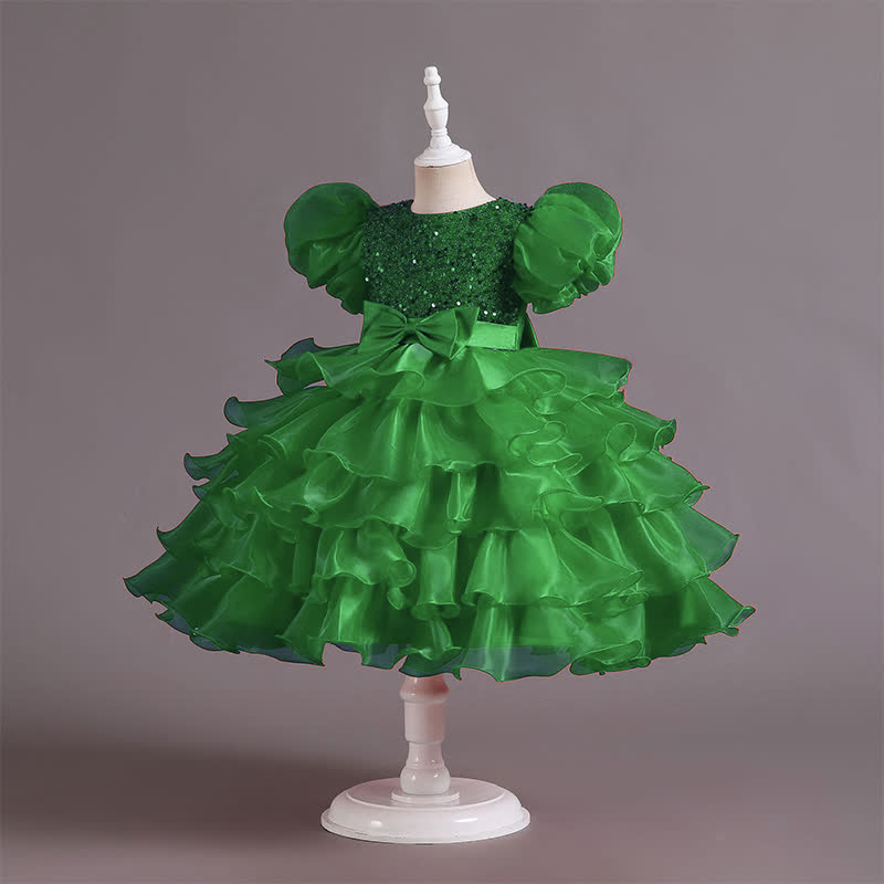 Organza Folds Sequins Bow Short Sleeve Mid-long Dresses - Green - 10-11Y - image 13