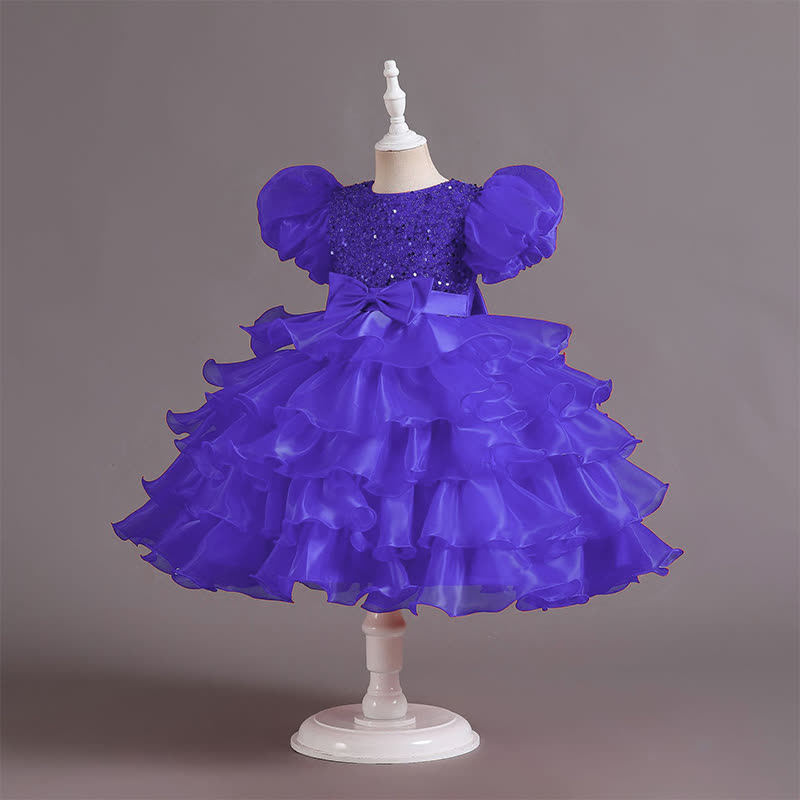 Organza Folds Sequins Bow Short Sleeve Mid-long Dresses - Purple - 10-11Y - image 18