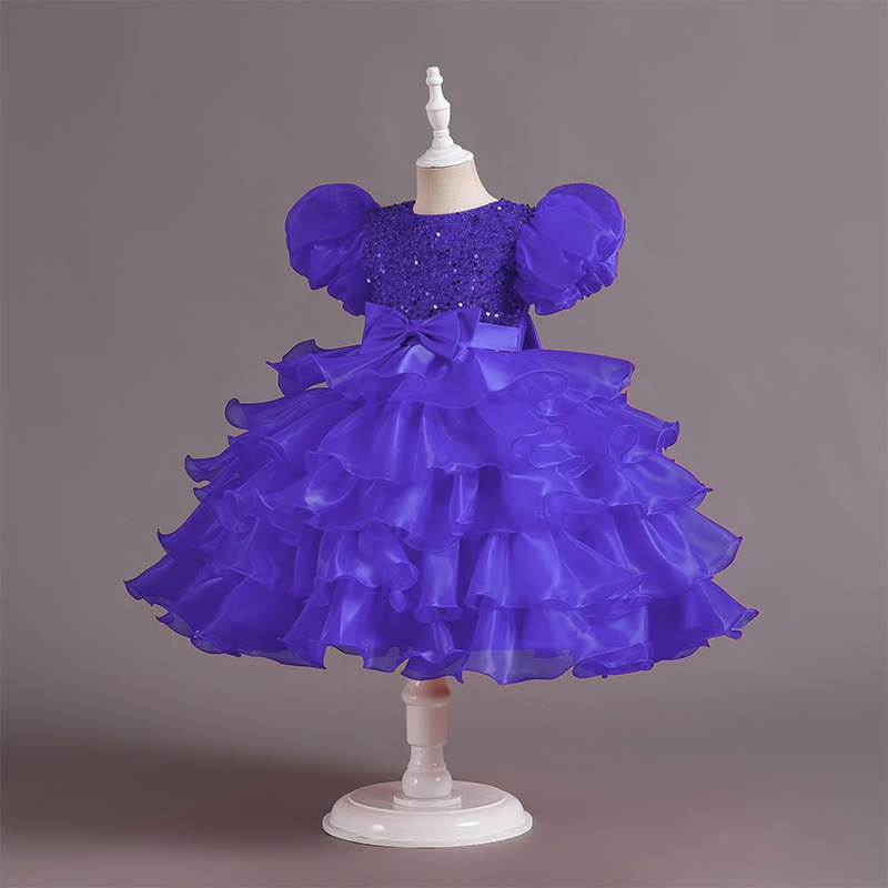Organza Folds Sequins Bow Short Sleeve Mid-long Dresses - Purple - 10-11Y - image 18