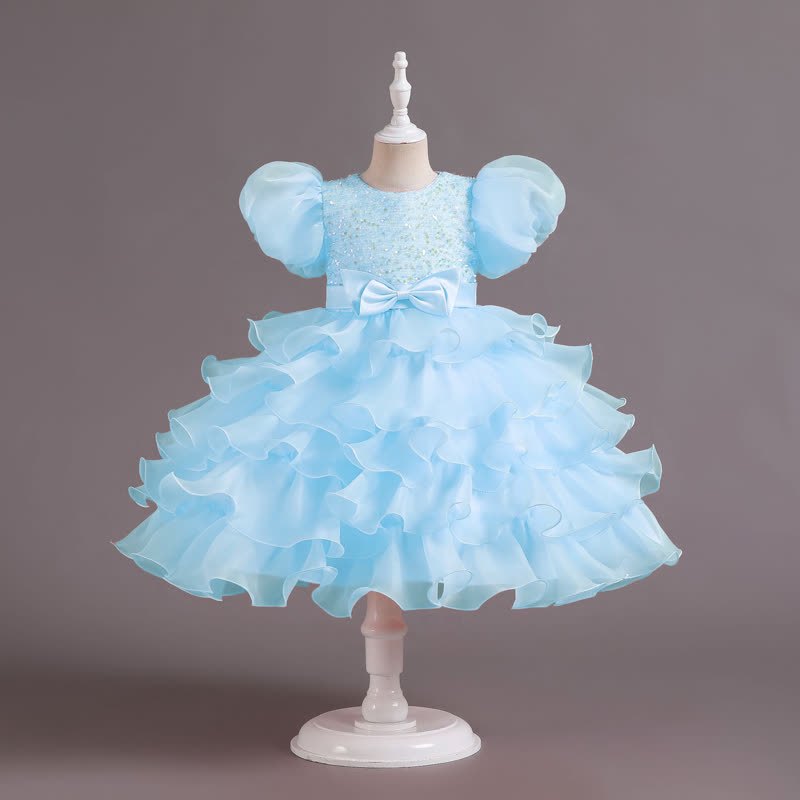 Organza Folds Sequins Bow Short Sleeve Mid-long Dresses - Blue - 10-11Y - image 22