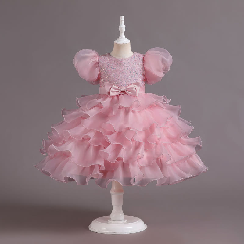 Organza Folds Sequins Bow Short Sleeve Mid-long Dresses - Dusty Pink - 10-11Y - image 23