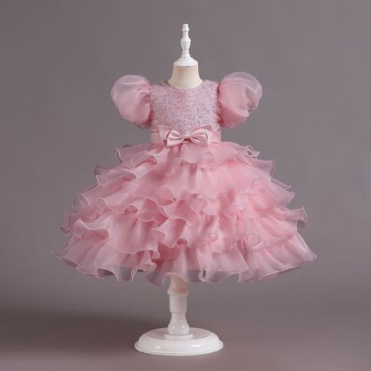 Organza Folds Sequins Bow Short Sleeve Mid-long Dresses - Dusty Pink - 10-11Y - image 23