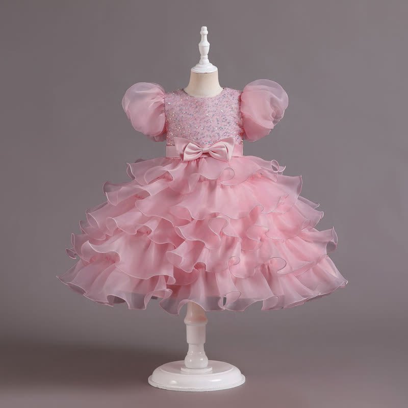 Organza Folds Sequins Bow Short Sleeve Mid-long Dresses - Dusty Pink - 10-11Y - image 23
