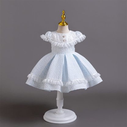 Chemical Fiber Blend Lace Bow Jacquard Short Sleeve Mid-long Dresses - Blue - 4-5Y - image 9