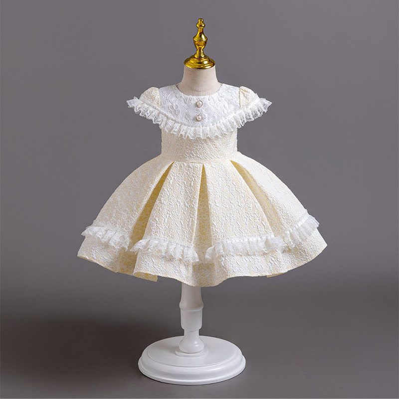 Chemical Fiber Blend Lace Bow Jacquard Short Sleeve Mid-long Dresses - Champagne - 4-5Y - image 1