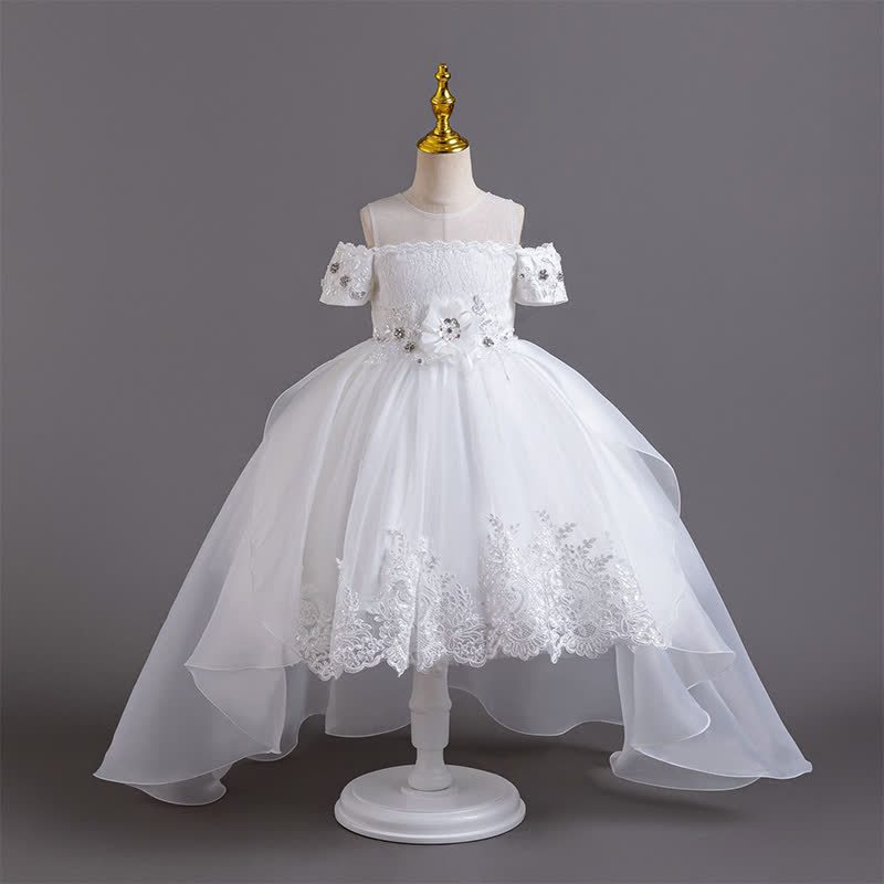 Organza Lace Bow Rosette Short Sleeve Maxi Dresses - White - 12-13Y - image 1