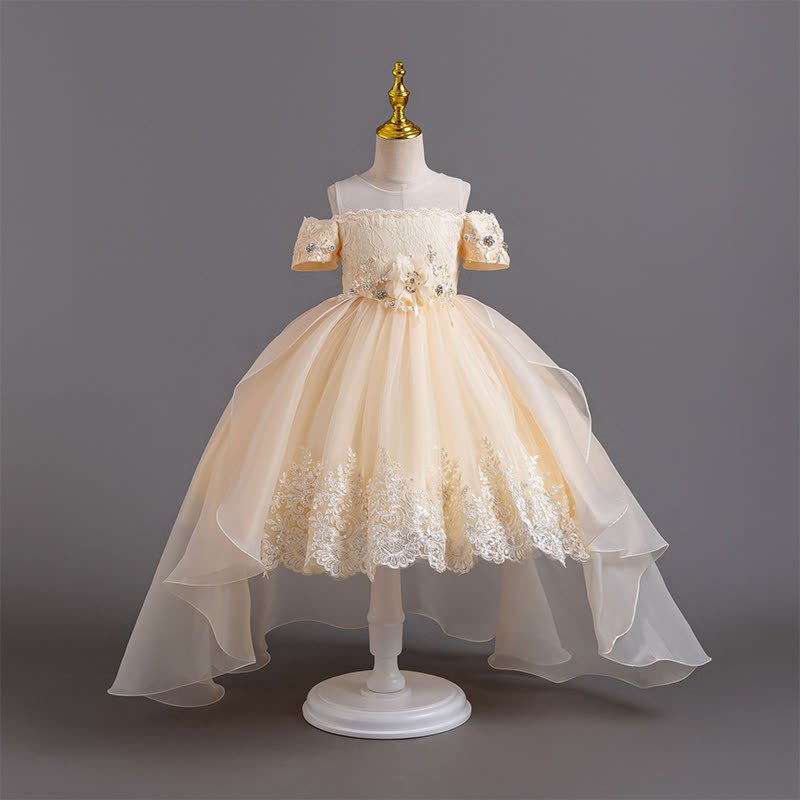 Organza Lace Bow Rosette Short Sleeve Maxi Dresses - Champagne - 12-13Y - image 10