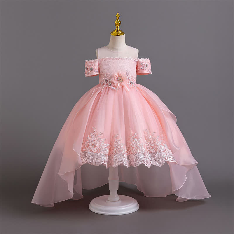 Organza Lace Bow Rosette Short Sleeve Maxi Dresses - Pink - 12-13Y - image 19