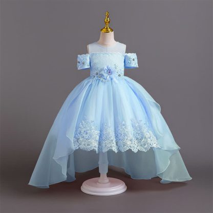 Organza Lace Bow Rosette Short Sleeve Maxi Dresses - Blue - 12-13Y - image 26