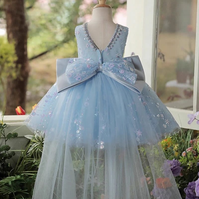 Mesh Glitter Bow Sequins Imitation Pearls Sleeveless Mid-long Dresses - image 3