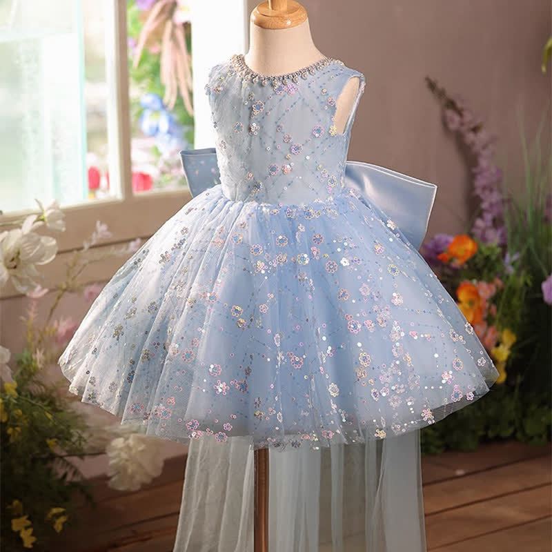Mesh Glitter Bow Sequins Imitation Pearls Sleeveless Mid-long Dresses - image 2