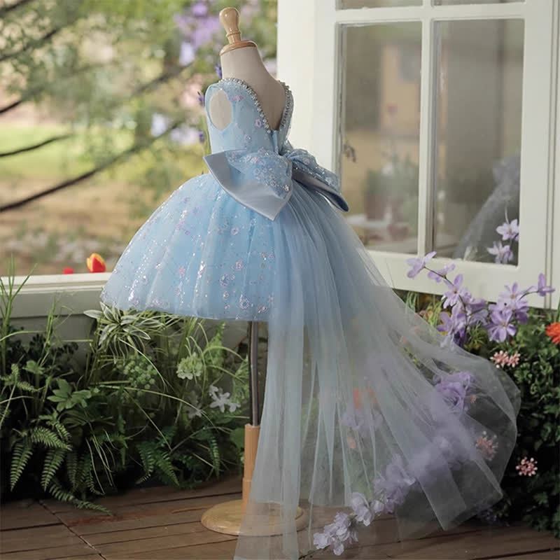 Mesh Glitter Bow Sequins Imitation Pearls Sleeveless Mid-long Dresses - image 7