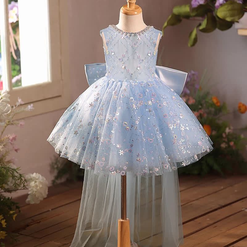 Mesh Glitter Bow Sequins Imitation Pearls Sleeveless Mid-long Dresses - Blue - 14-15Y - image 1