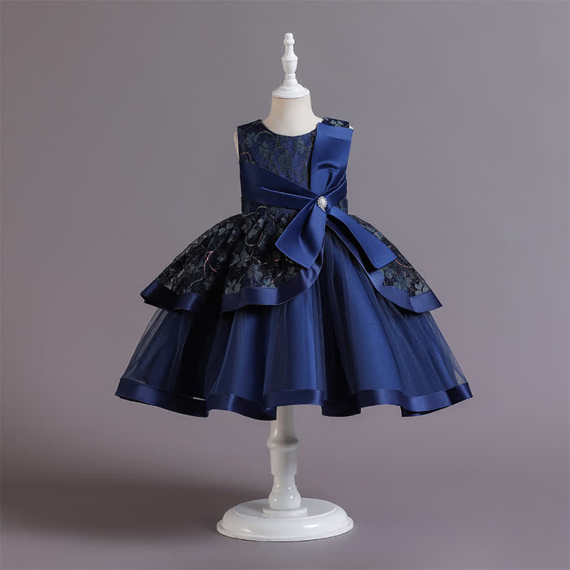Satin Lace Bow Sleeveless Mid-long Dresses - Royal Blue - 12-13Y - image 9