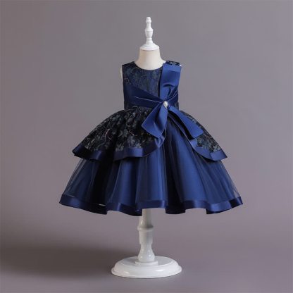 Satin Lace Bow Sleeveless Mid-long Dresses - Royal Blue - 12-13Y - image 9
