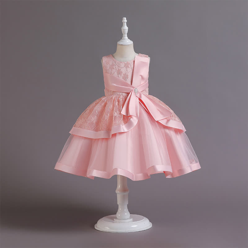 Satin Lace Bow Sleeveless Mid-long Dresses - Pink - 12-13Y - image 1