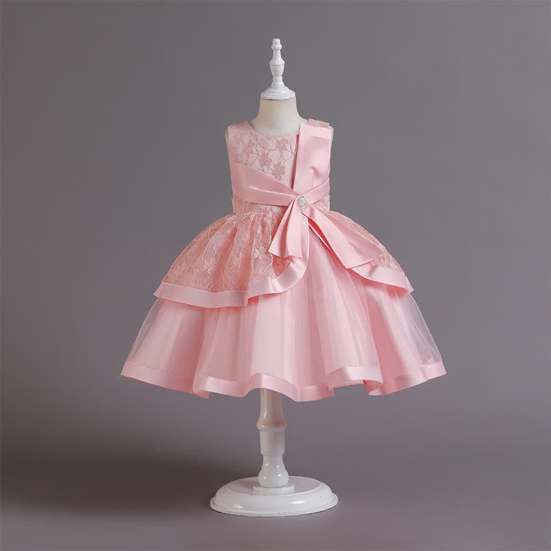 Satin Lace Bow Sleeveless Mid-long Dresses - Pink - 12-13Y - image 1