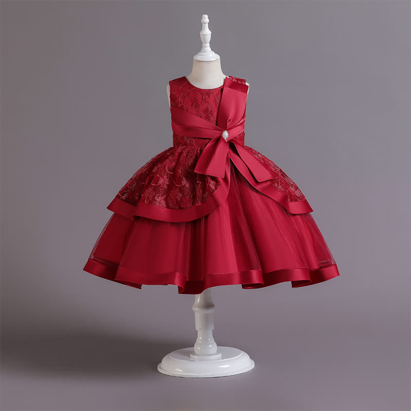 Satin Lace Bow Sleeveless Mid-long Dresses - Red - 12-13Y - image 17