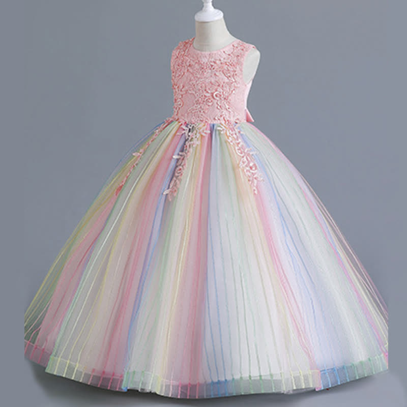 Chemical Fiber Blend Stitching Lace Sleeveless Maxi Dresses - Pink - 12-13Y - image 1