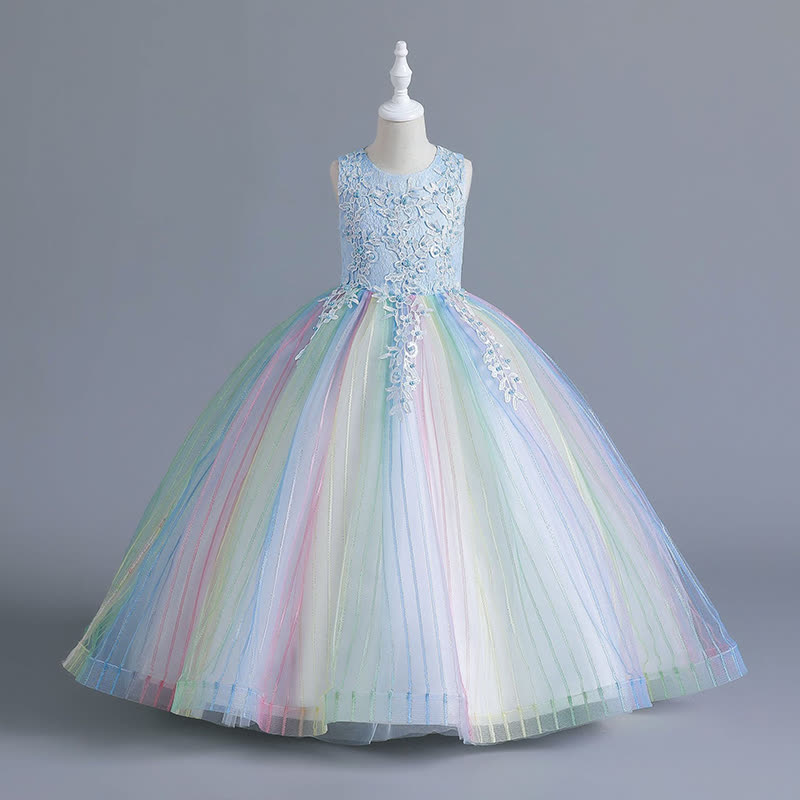 Chemical Fiber Blend Stitching Lace Sleeveless Maxi Dresses - Light Blue - 12-13Y - image 11