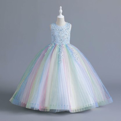 Chemical Fiber Blend Stitching Lace Sleeveless Maxi Dresses - Light Blue - 12-13Y - image 11