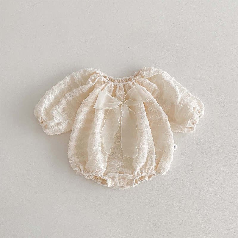 [Archive Sale] Lace Bow Long Sleeve Crop Bodysuit - Beige - 1-2Y【80CM】 - image 1