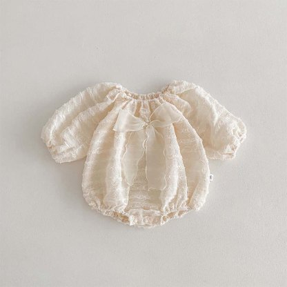 [Archive Sale] Lace Bow Long Sleeve Crop Bodysuit - Beige - 1-2Y【80CM】 - image 1